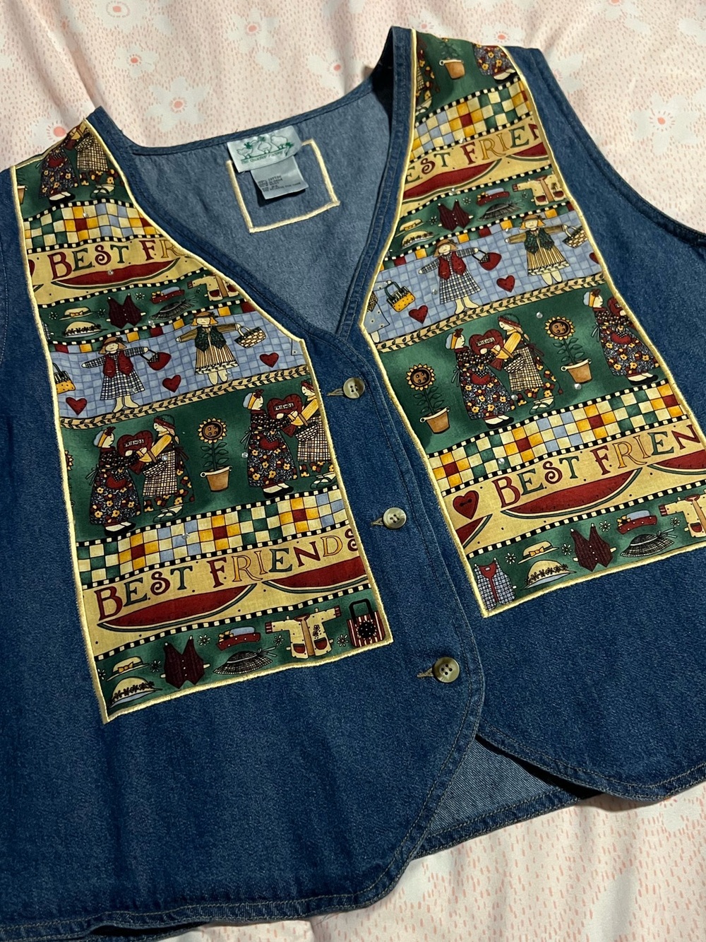 VTG Quacker Factory Blue Denim Button-Up Vest 'Best Friends' Patch Panels 2XL
